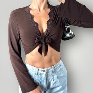 Vintage Studio 1940 Brown Tie-Front Lace Trim Crop Top Y2K Stretch Chic USA Sz M